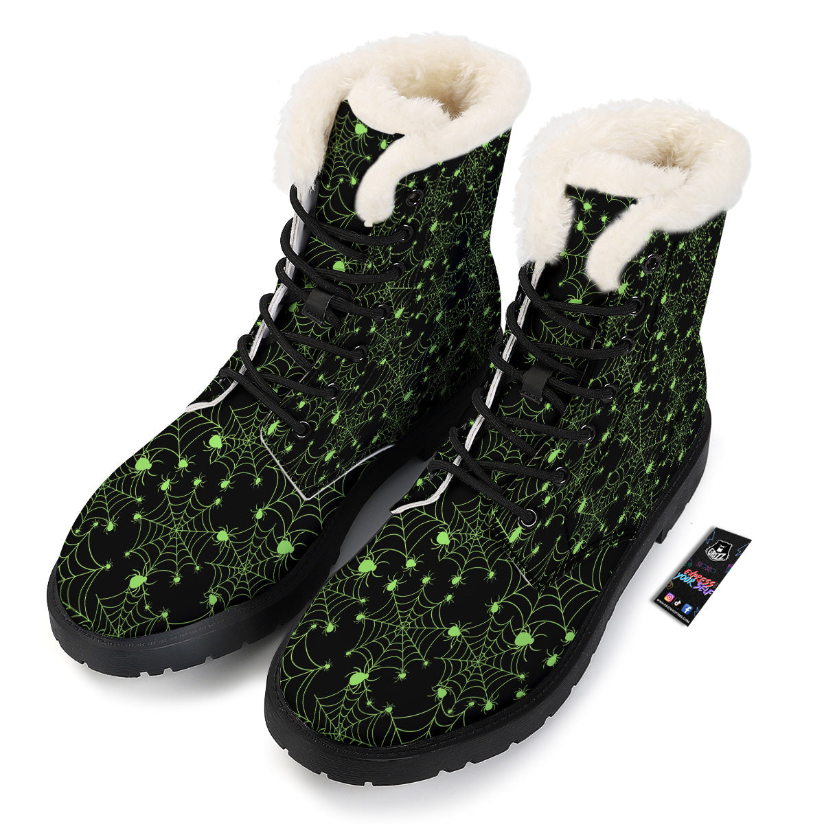 Spider Black And Green Neon Spider Web Print Pattern Winter Boots-grizzshop