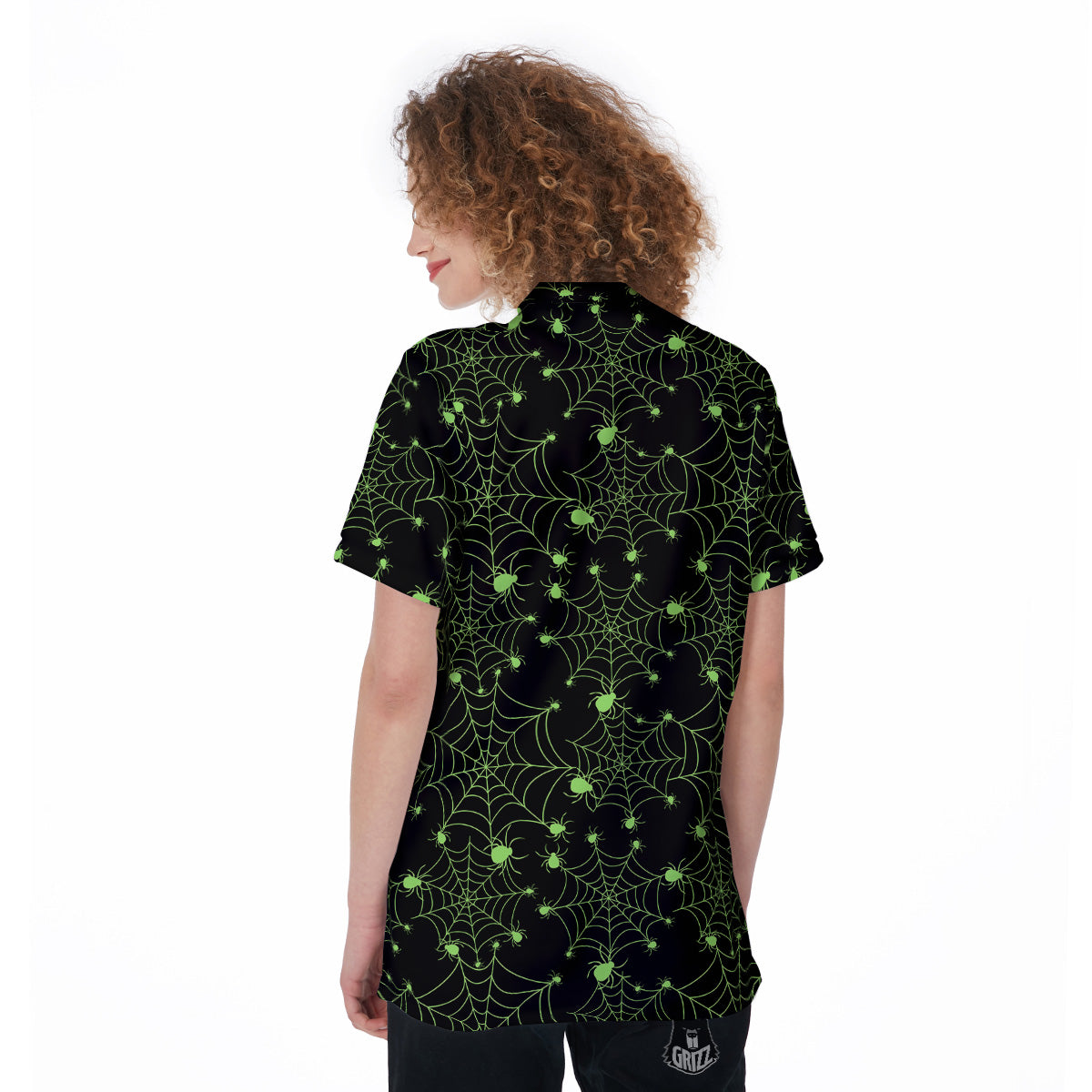 Spider Black And Green Neon Spider Web Print Pattern Women's Golf Shirts-grizzshop