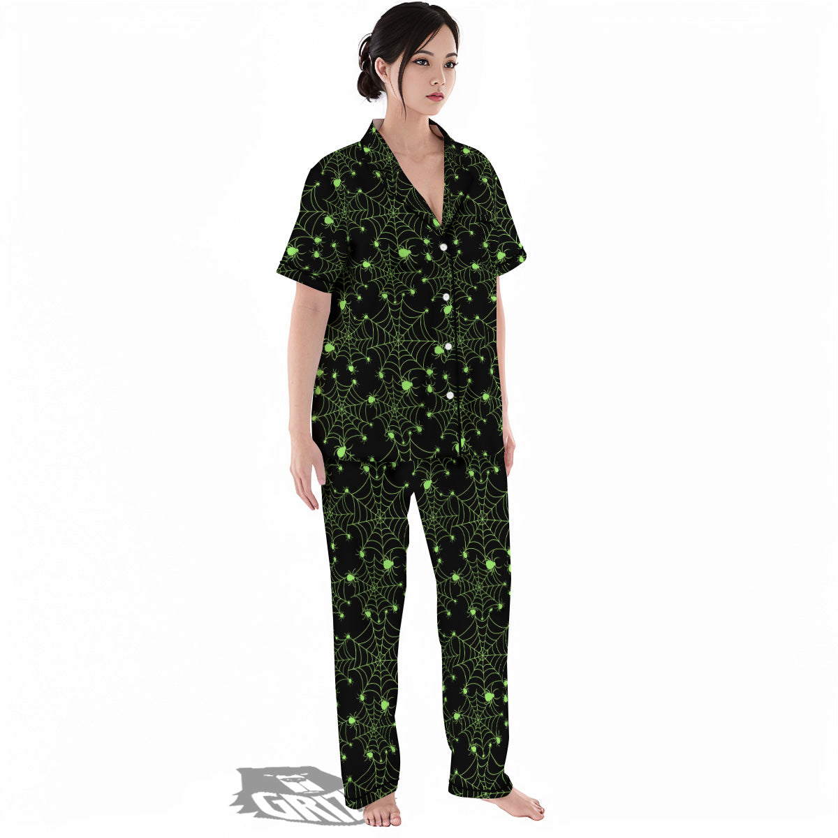 Spider Black And Green Neon Spider Web Print Pattern Women's Pajamas Set-grizzshop