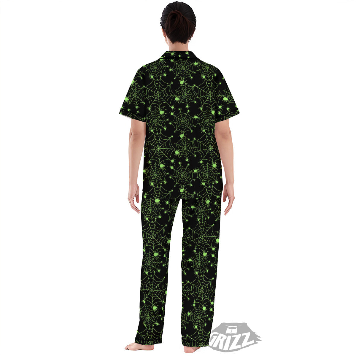 Spider Black And Green Neon Spider Web Print Pattern Women's Pajamas Set-grizzshop