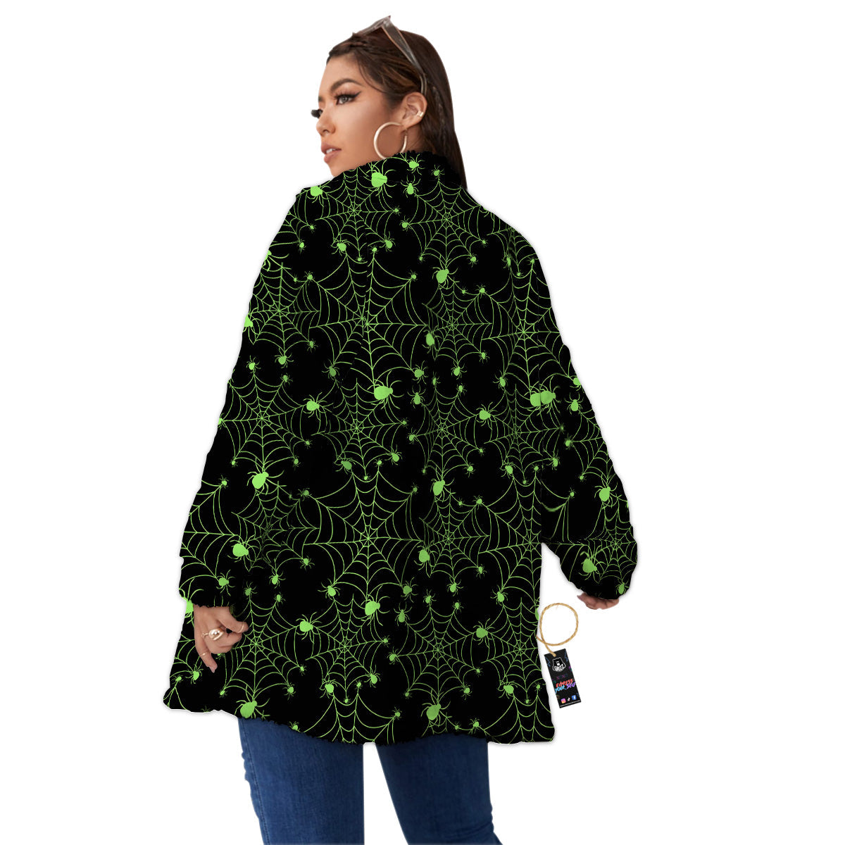 Spider Black And Green Neon Spider Web Print Pattern Women's Sherpa Jacket-grizzshop