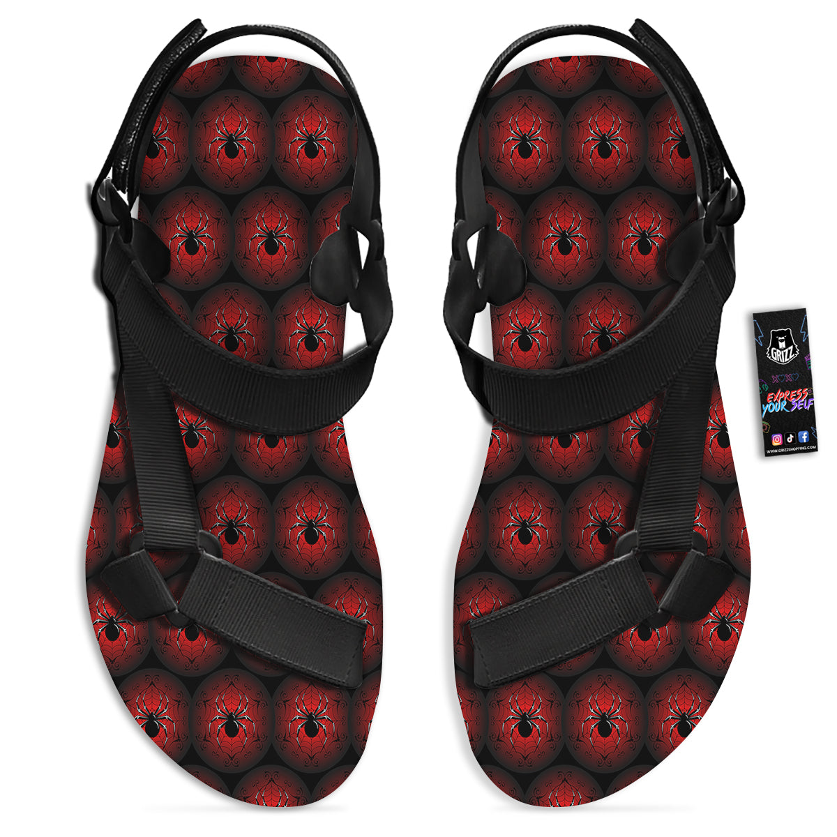 Spider Black And Red Spider Web Print Pattern Black Open Toe Sandals-grizzshop