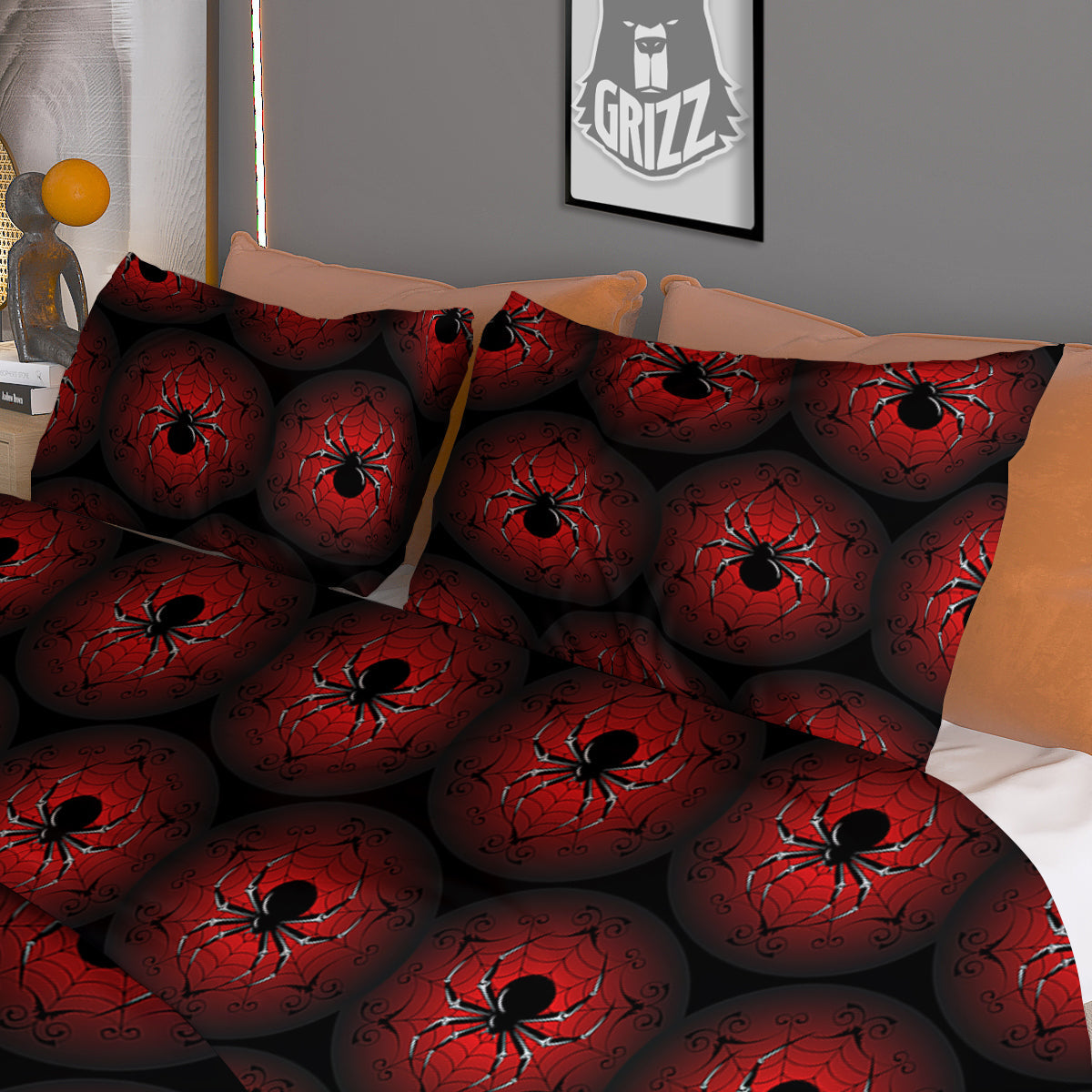 Spider Black And Red Spider Web Print Pattern Duvet Cover Bedding Set