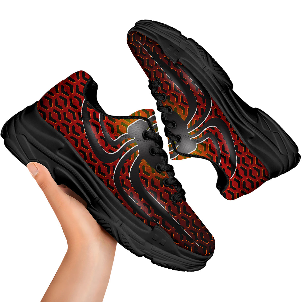 Spider Icon on Red Metal Print Black Chunky Shoes-grizzshop