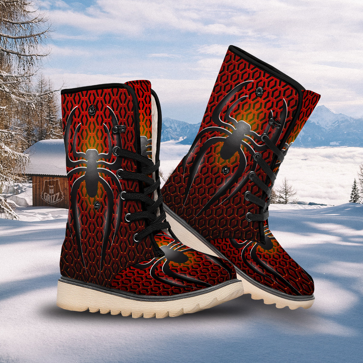 Spider Icon on Red Metal Print Snow Boots-grizzshop