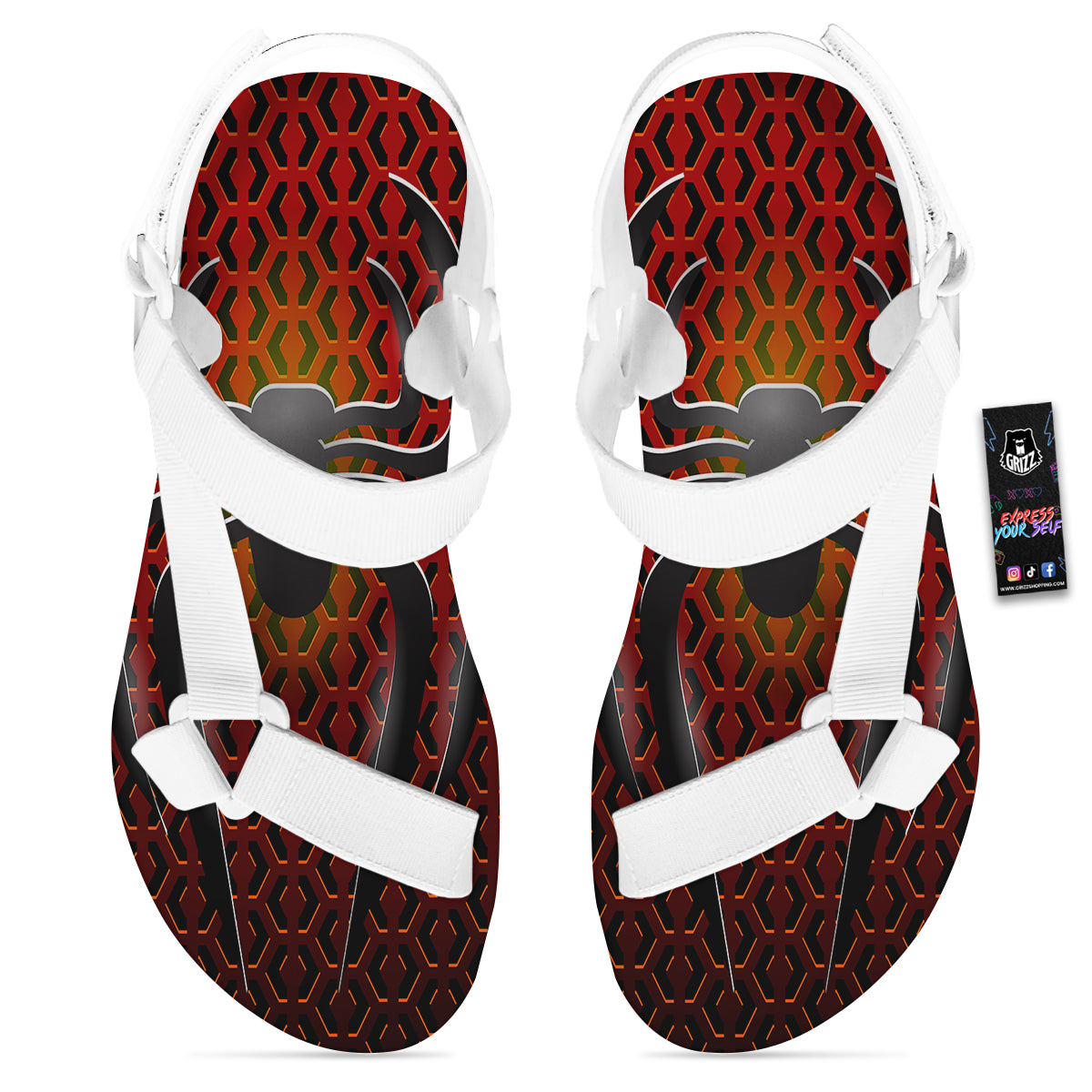 Spider Icon on Red Metal Print White Open Toe Sandals-grizzshop