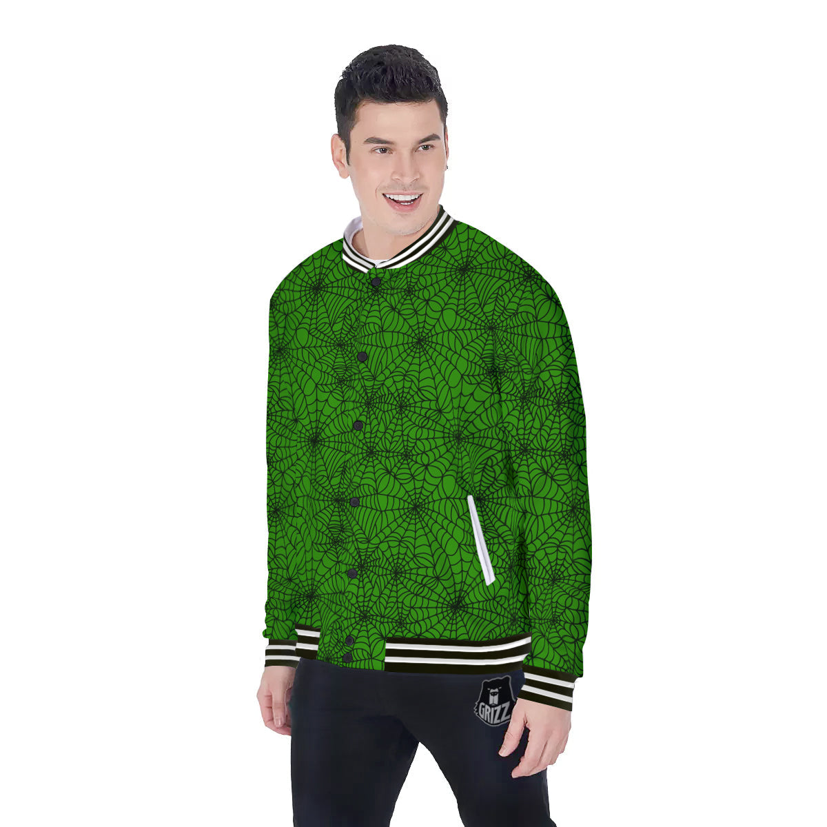 Spider Web Green And Black Print Pattern Baseball Jacket-grizzshop