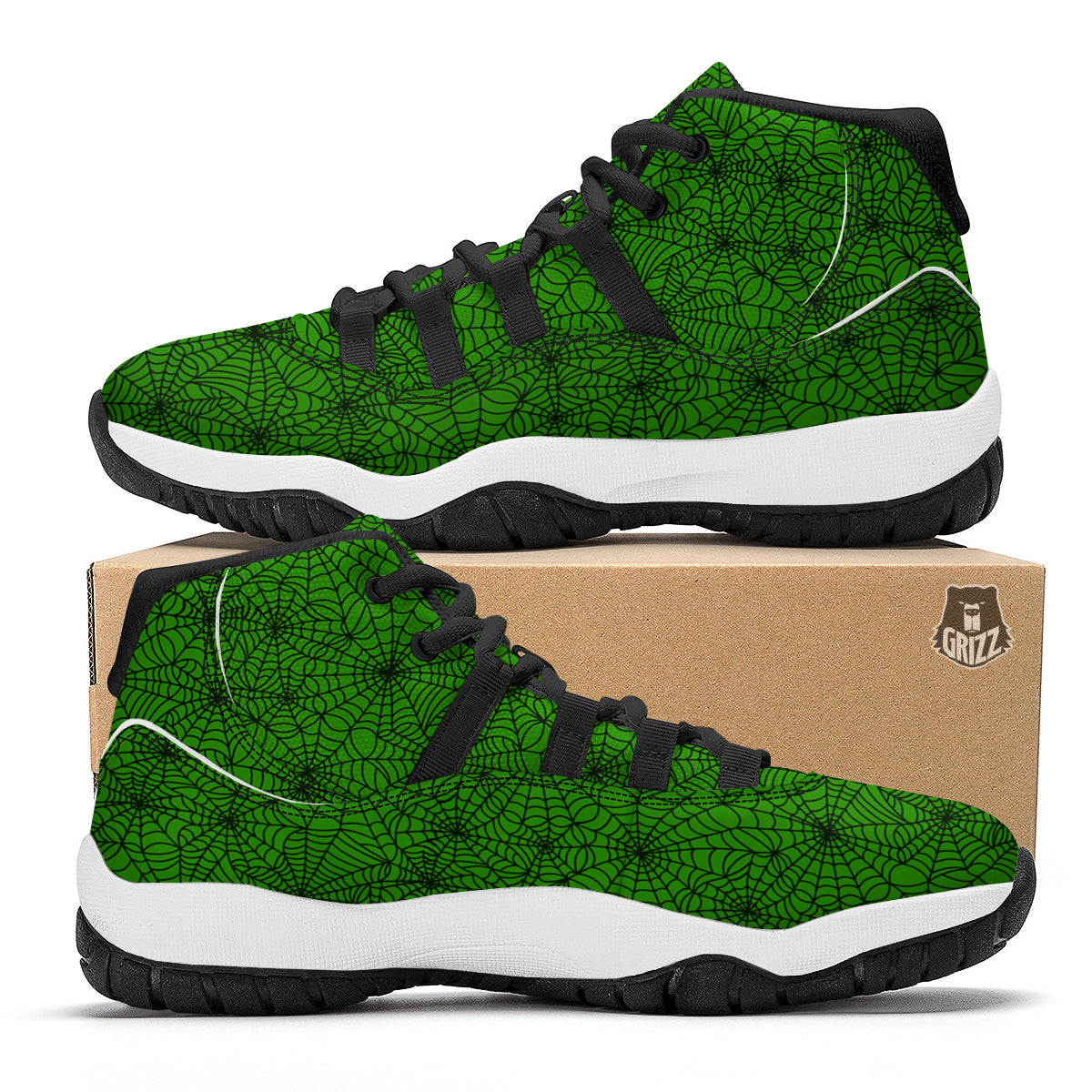 Spider Web Green And Black Print Pattern Black Bball Shoes-grizzshop