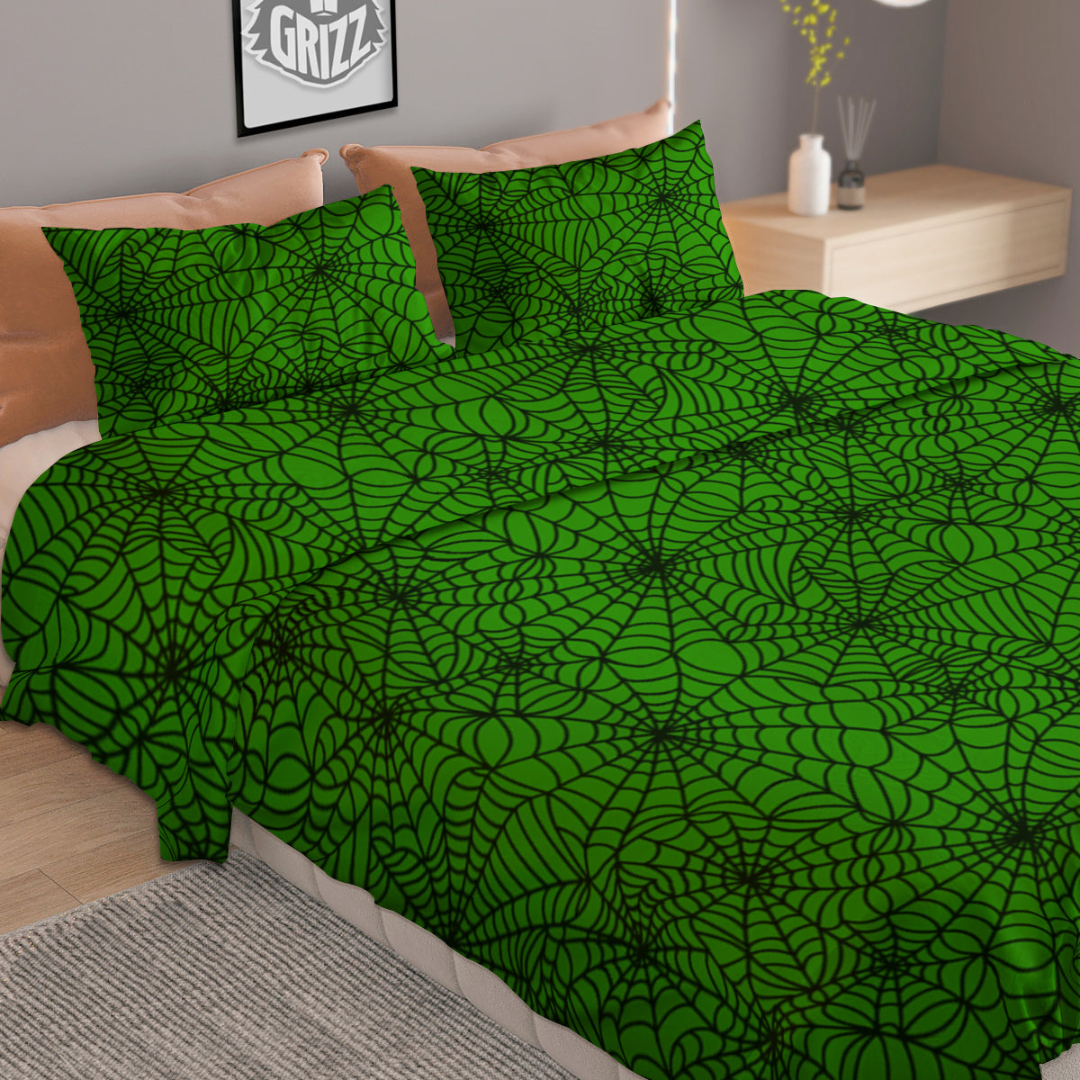 Spider Web Green And Black Print Pattern Duvet Cover Bedding Set
