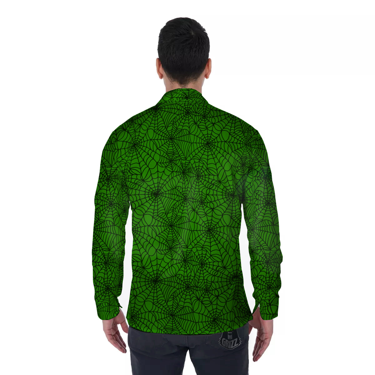 Spider Web Green And Black Print Pattern Men's Long Sleeve Shirts-grizzshop