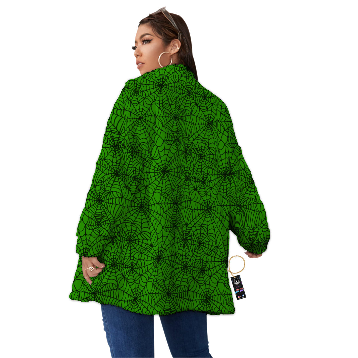 Spider Web Green And Black Print Pattern Women's Sherpa Jacket-grizzshop
