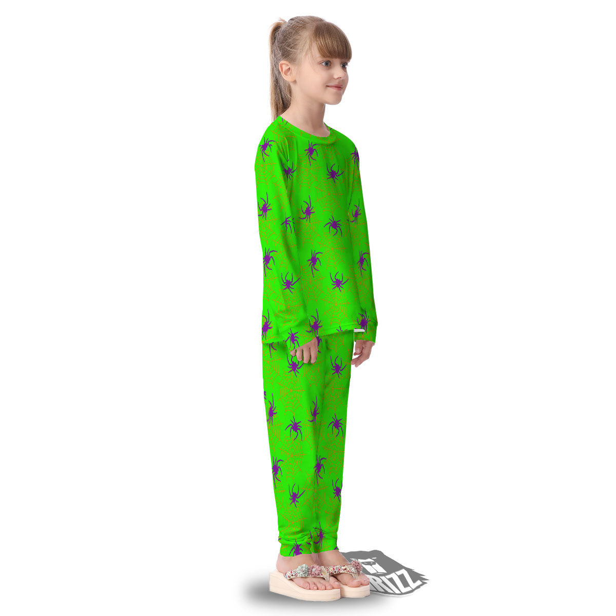 Spider Web Green And Purple Print Pattern Kid's Pajamas-grizzshop