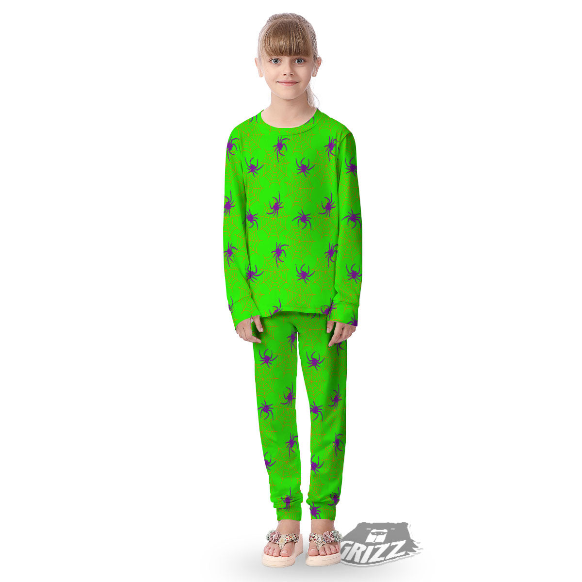 Spider Web Green And Purple Print Pattern Kid's Pajamas-grizzshop