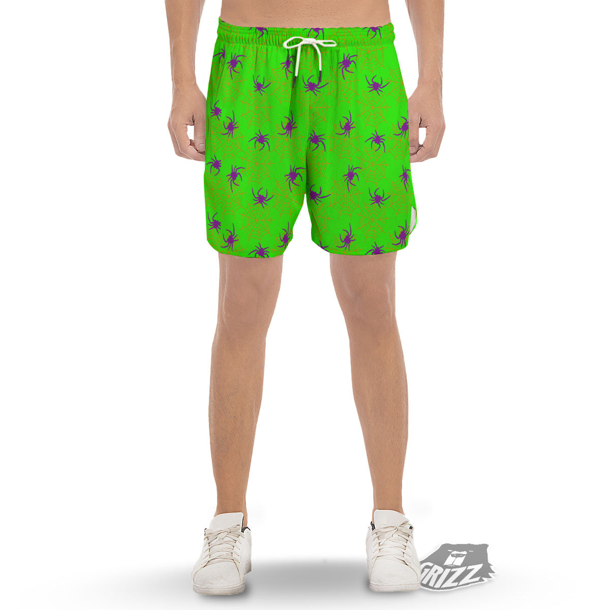 Spider Web Green And Purple Print Pattern Men's Gym Shorts-grizzshop