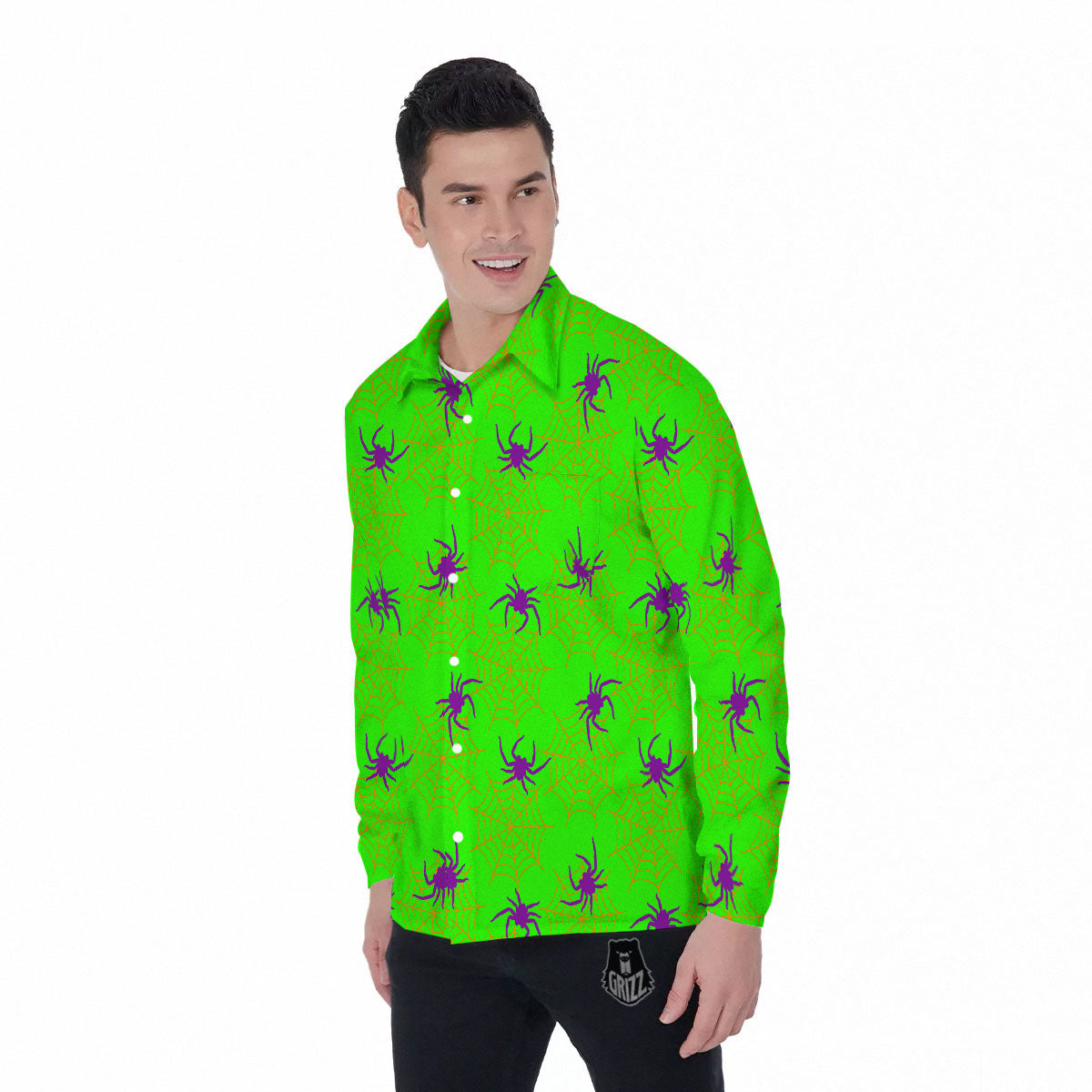 Spider Web Green And Purple Print Pattern Men's Long Sleeve Shirts-grizzshop