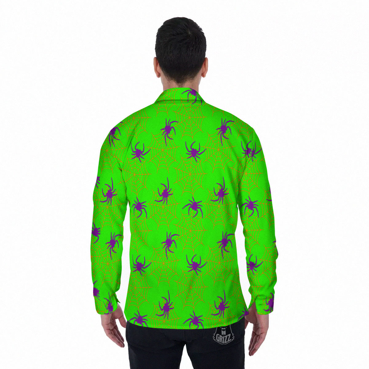 Spider Web Green And Purple Print Pattern Men's Long Sleeve Shirts-grizzshop