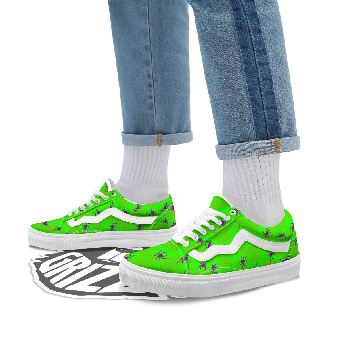 Spider Web Green And Purple Print Pattern Skate Shoes-grizzshop