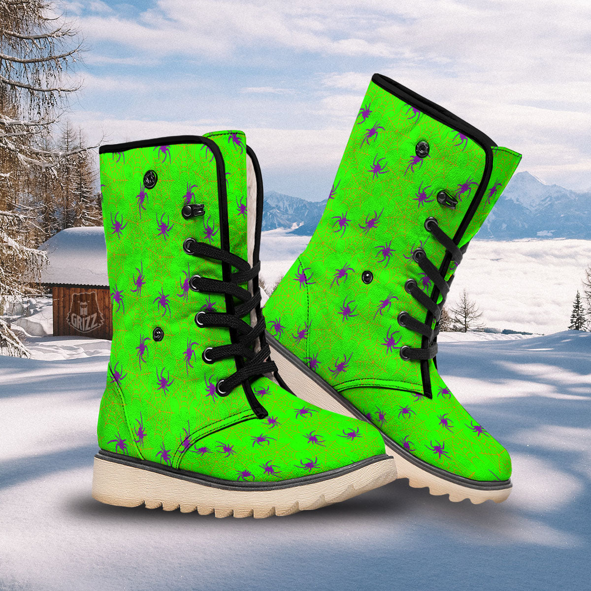 Spider Web Green And Purple Print Pattern Snow Boots-grizzshop