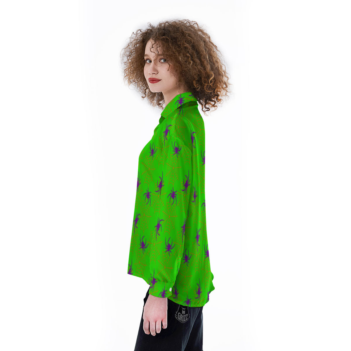 Spider Web Green And Purple Print Pattern Women's Long Sleeve Shirts-grizzshop
