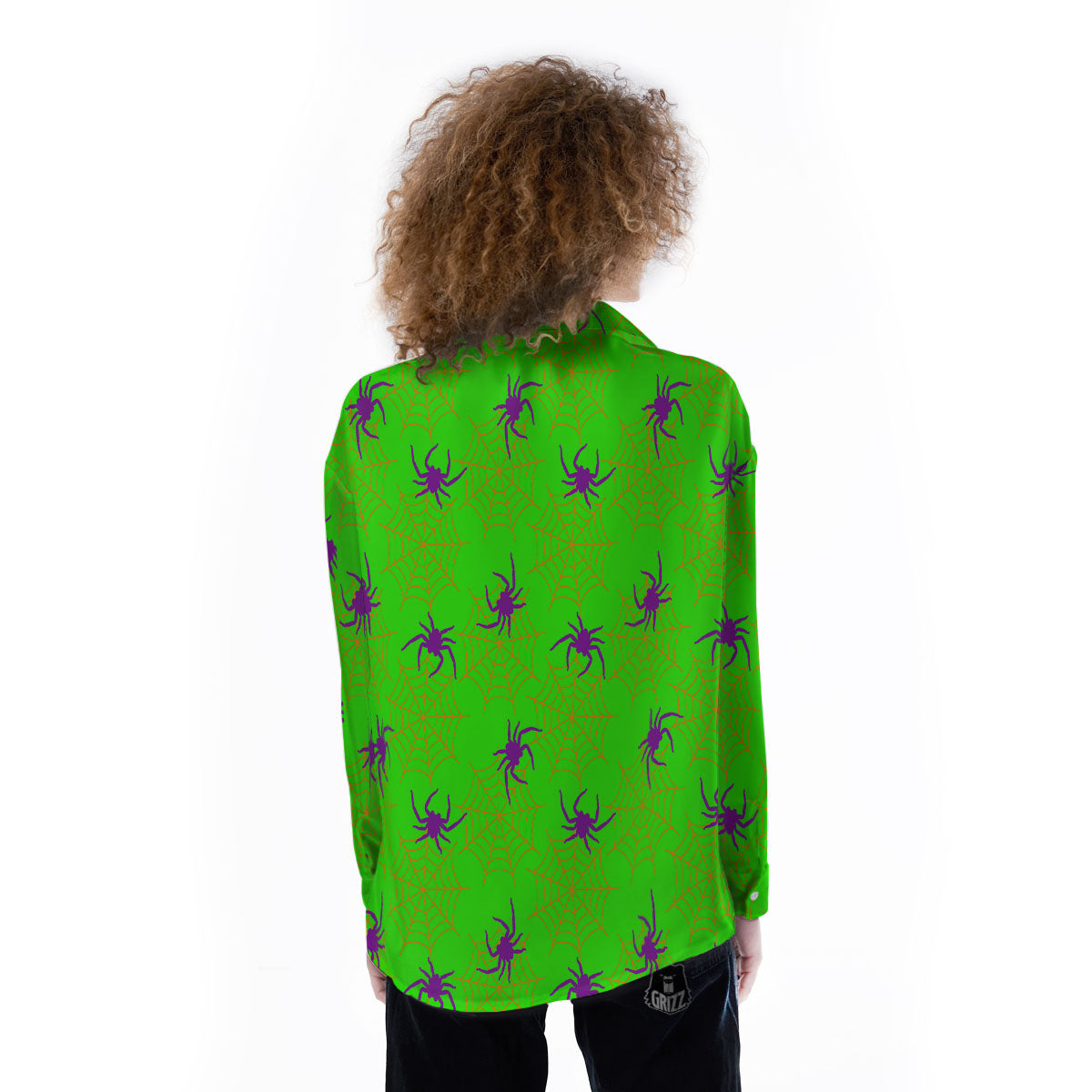 Spider Web Green And Purple Print Pattern Women's Long Sleeve Shirts-grizzshop