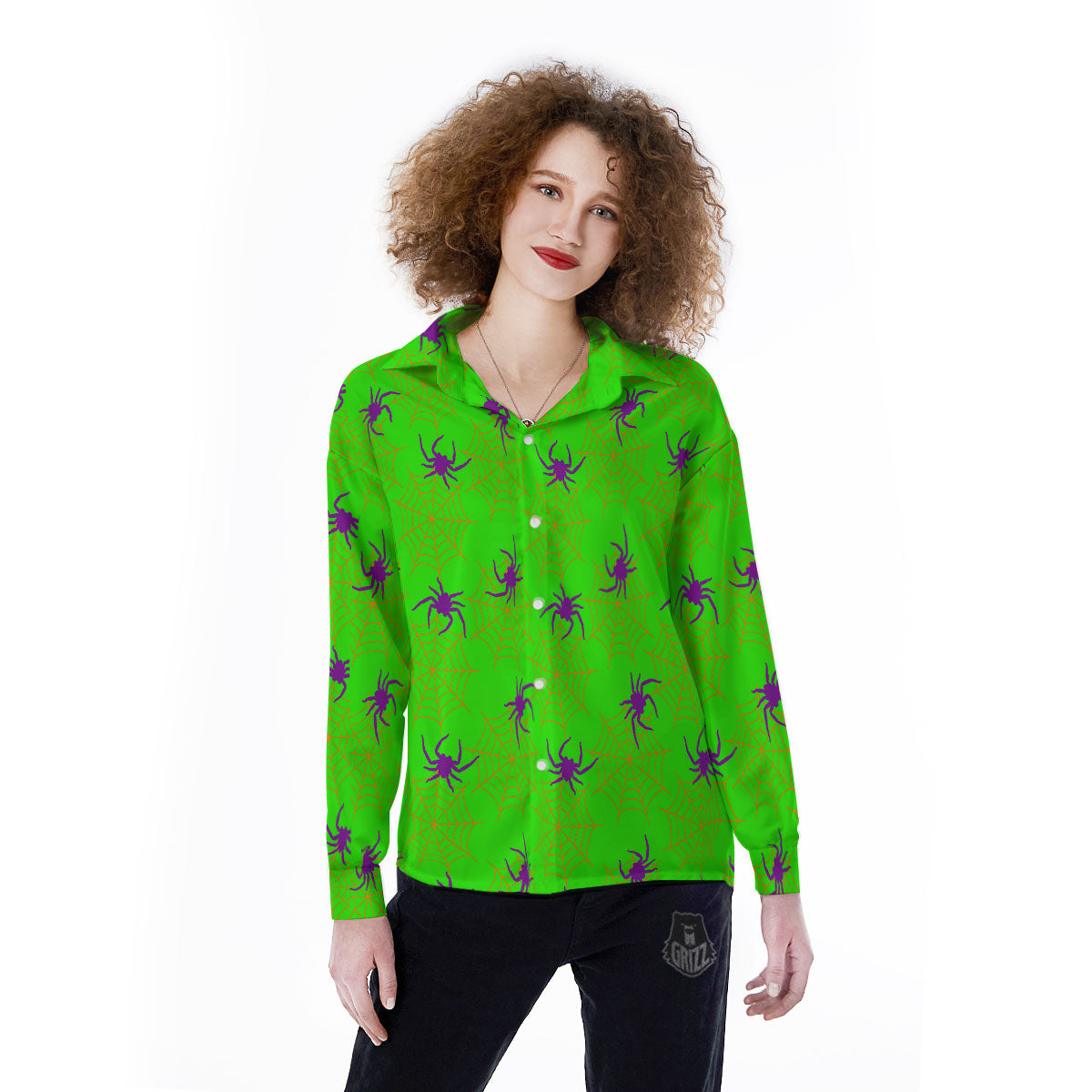 Spider Web Green And Purple Print Pattern Women's Long Sleeve Shirts-grizzshop