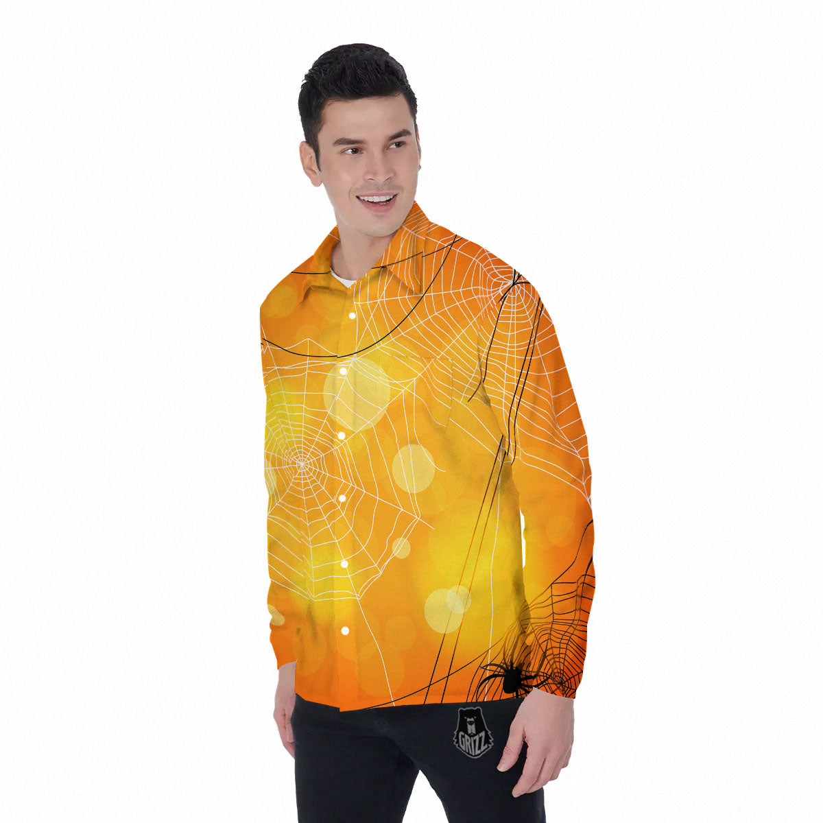 Spider Web Halloween Print Men's Long Sleeve Shirts-grizzshop