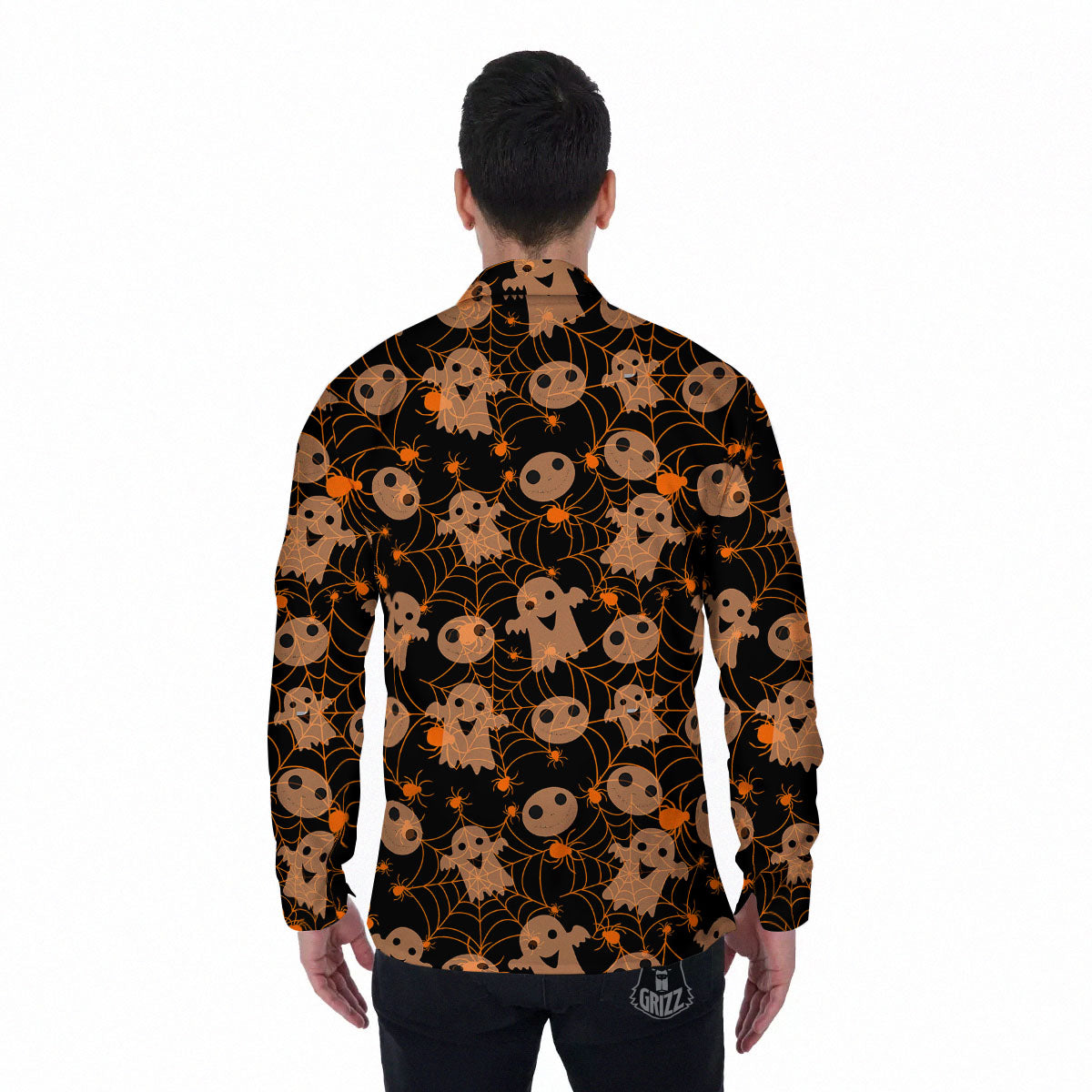 Spider Web Halloween Print Pattern Men's Long Sleeve Shirts-grizzshop