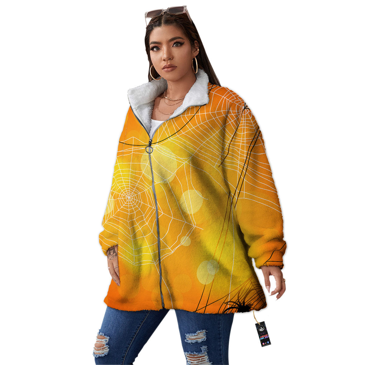 Spider Web Halloween Print Women's Sherpa Jacket-grizzshop