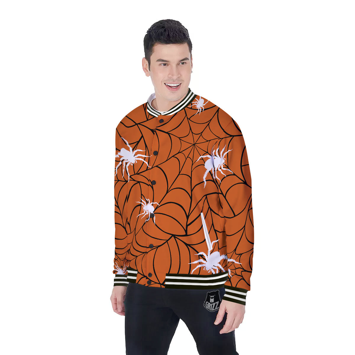 Spider Web Orange And Black Print Baseball Jacket-grizzshop
