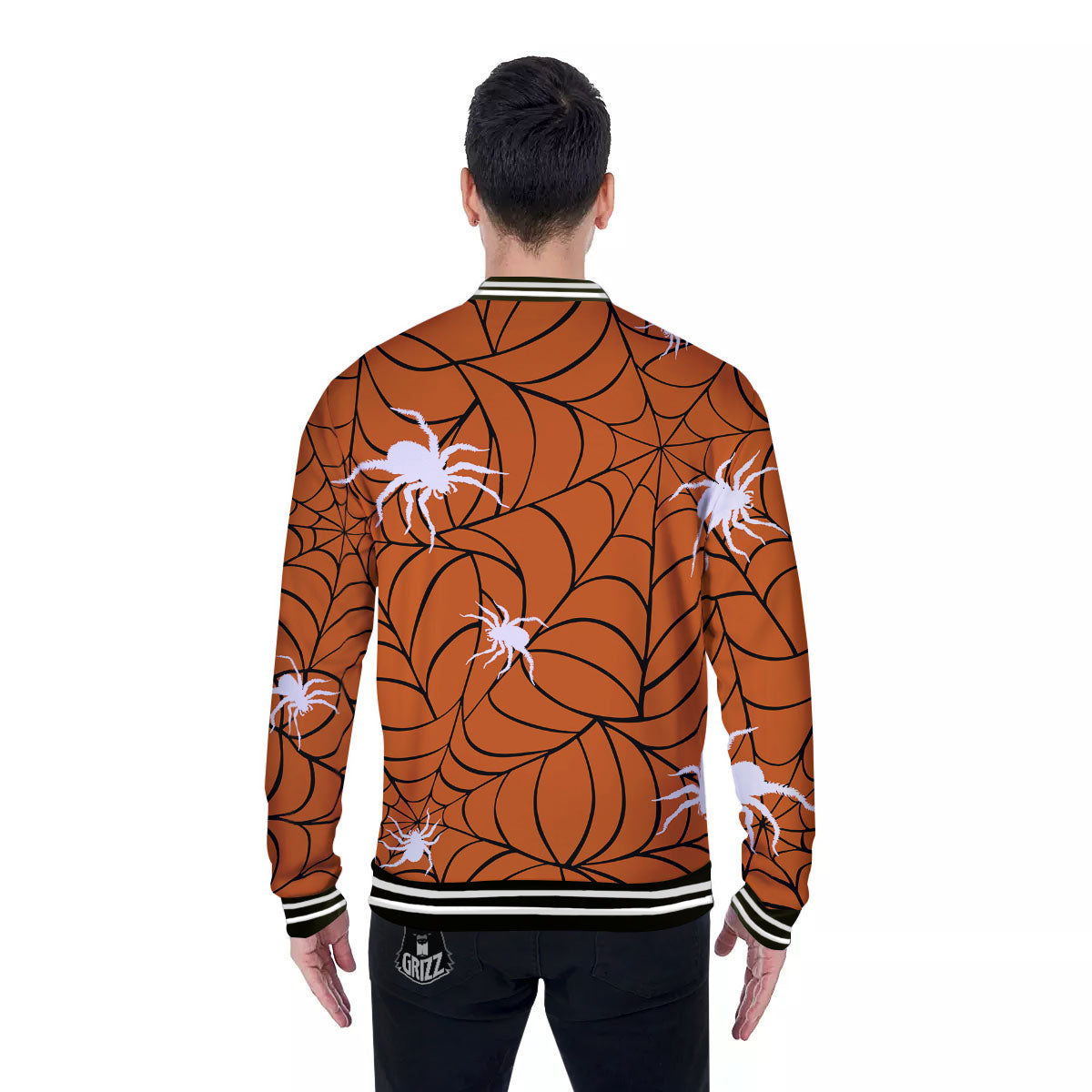 Spider Web Orange And Black Print Baseball Jacket-grizzshop