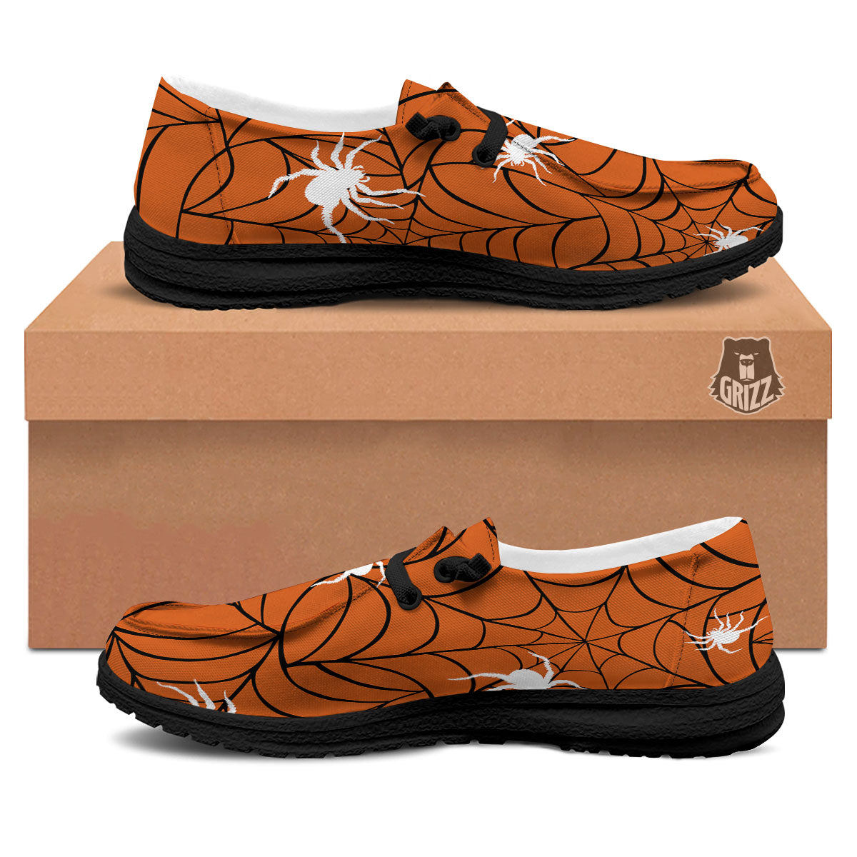 Spider Web Orange And Black Print Black Loafers-grizzshop