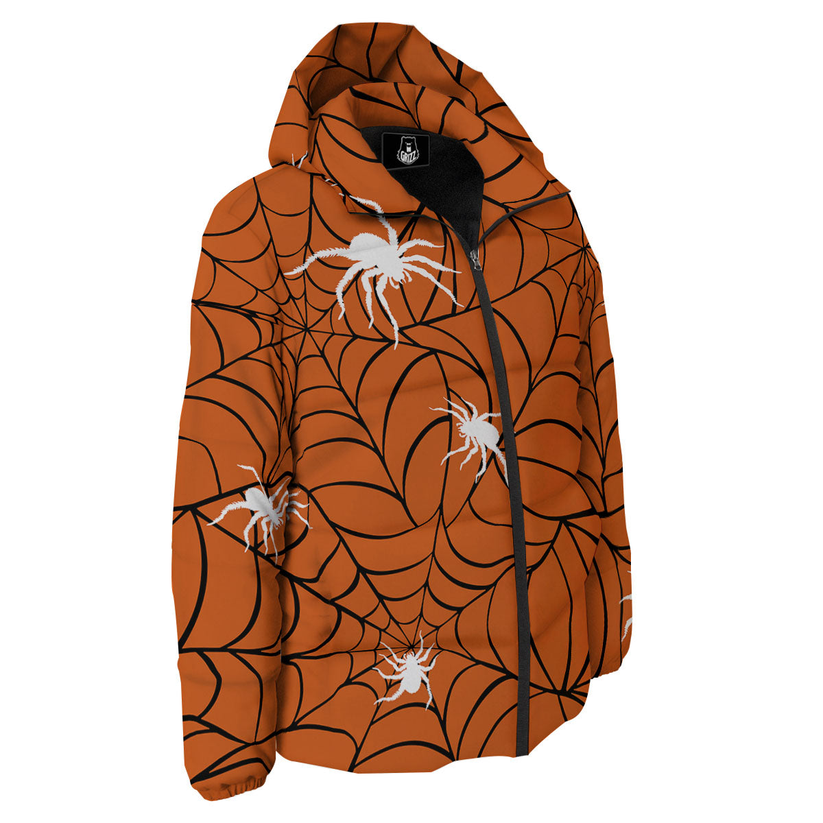 Spider Web Orange And Black Print Down Jacket-grizzshop