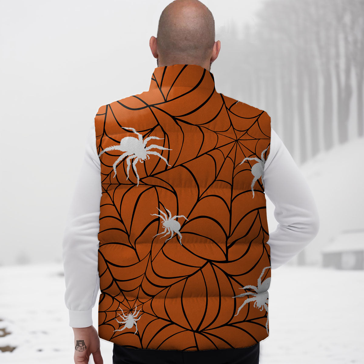 Spider Web Orange And Black Print Down Vest