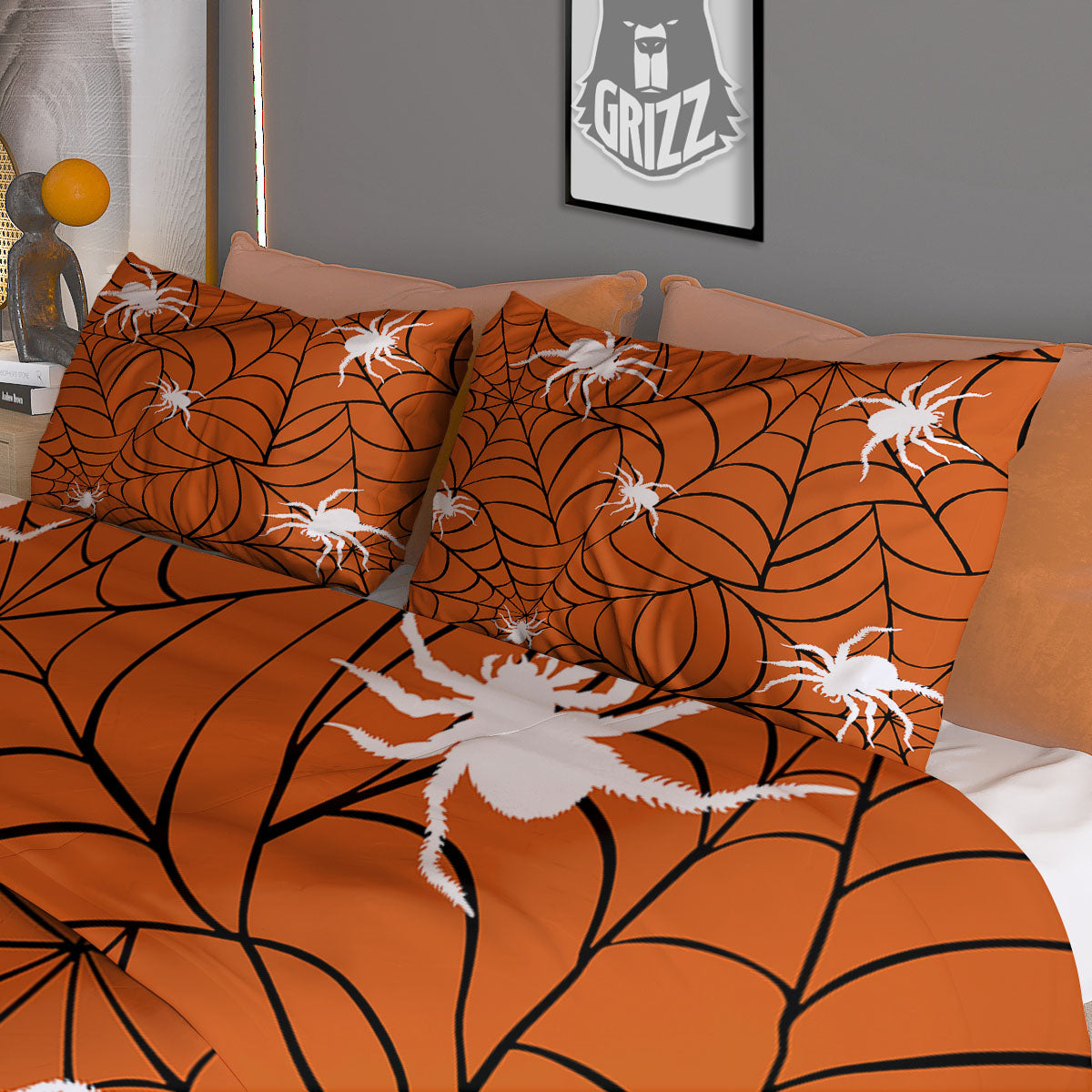 Spider Web Orange And Black Print Duvet Cover Bedding Set