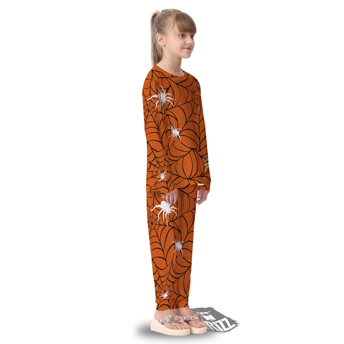 Spider Web Orange And Black Print Kid's Pajamas-grizzshop