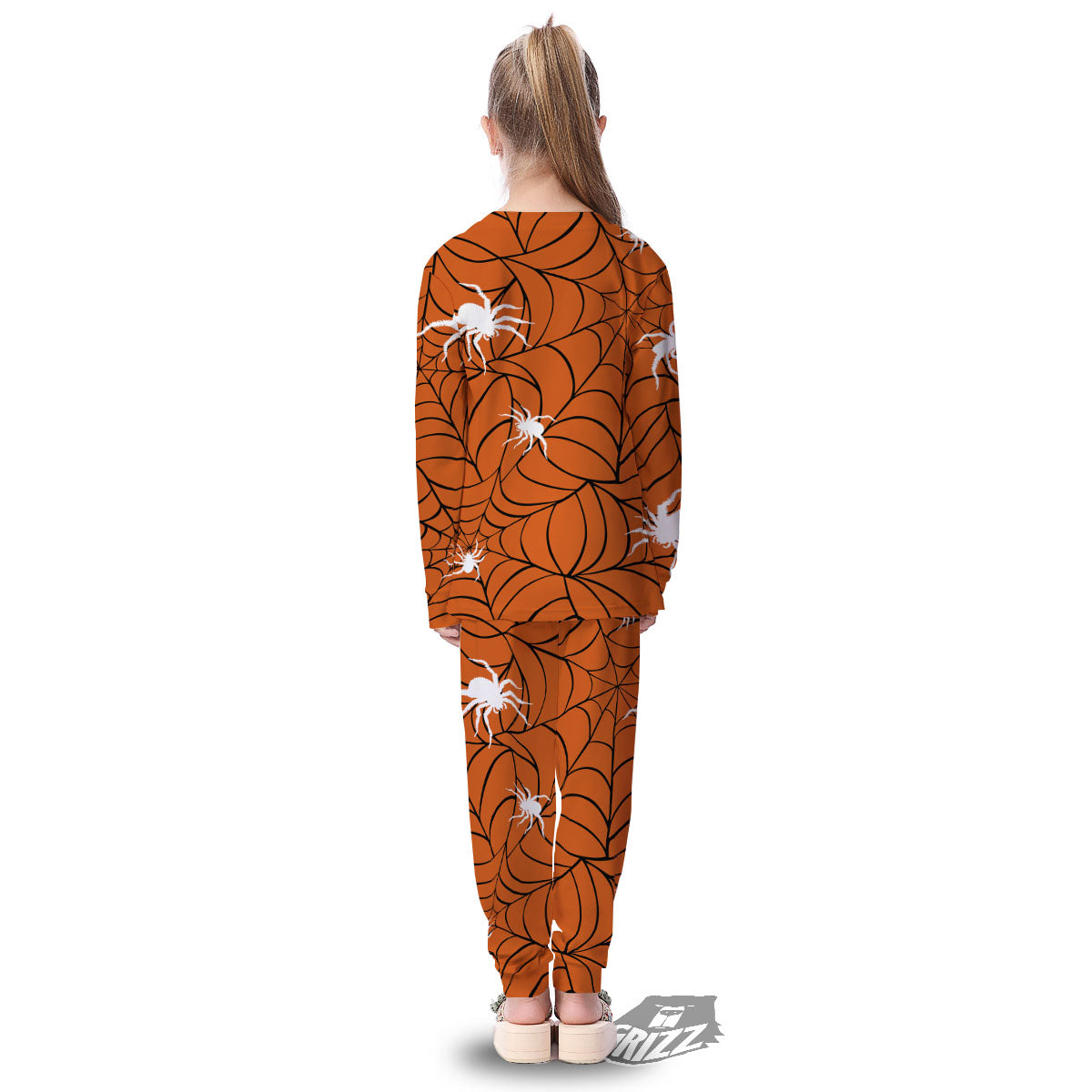 Spider Web Orange And Black Print Kid's Pajamas-grizzshop