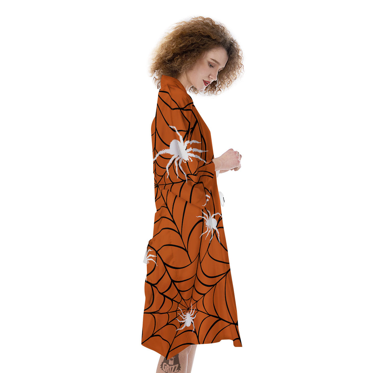Spider Web Orange And Black Print Kimono-grizzshop
