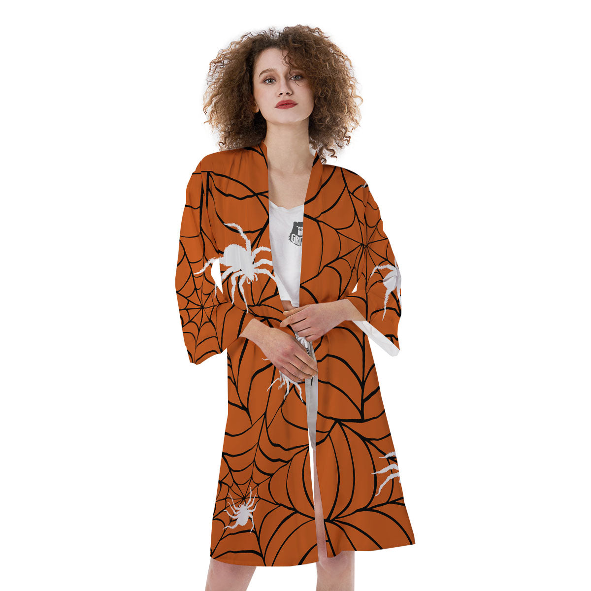 Spider Web Orange And Black Print Kimono-grizzshop