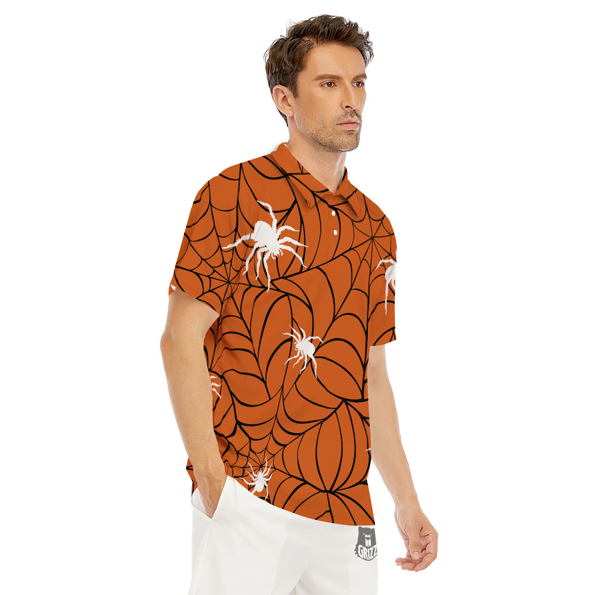 Spider Web Orange And Black Print Men's Golf Shirts-grizzshop