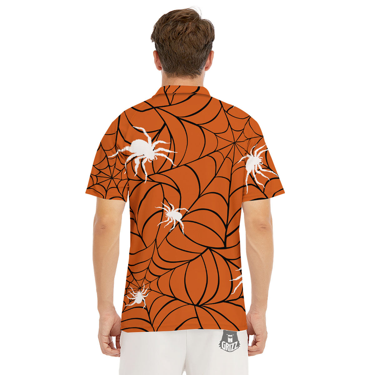 Spider Web Orange And Black Print Men's Golf Shirts-grizzshop