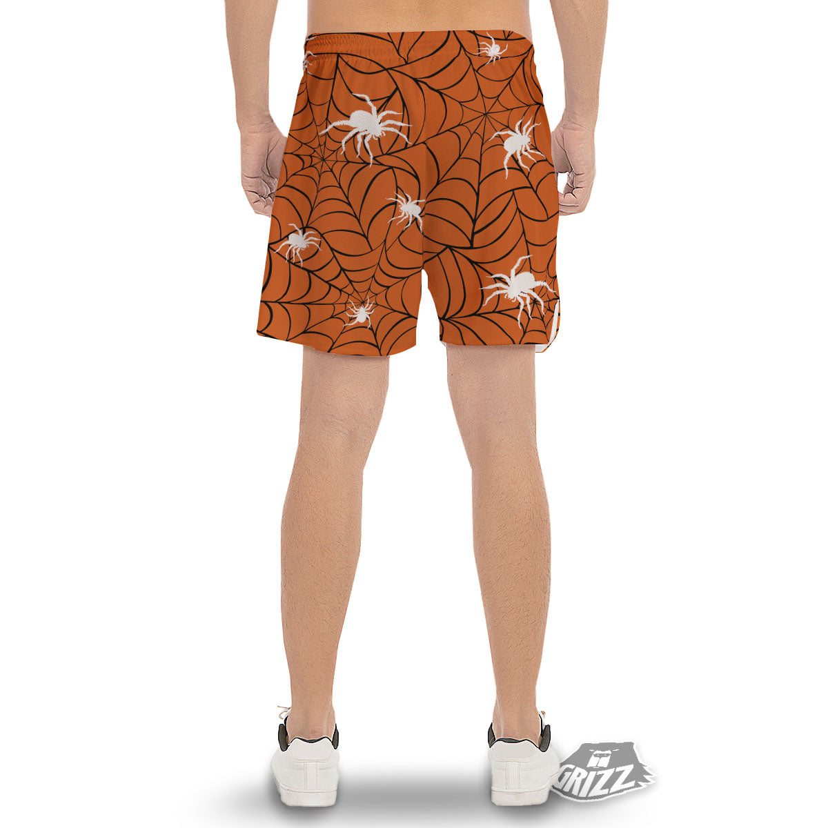 Spider Web Orange And Black Print Men's Gym Shorts-grizzshop
