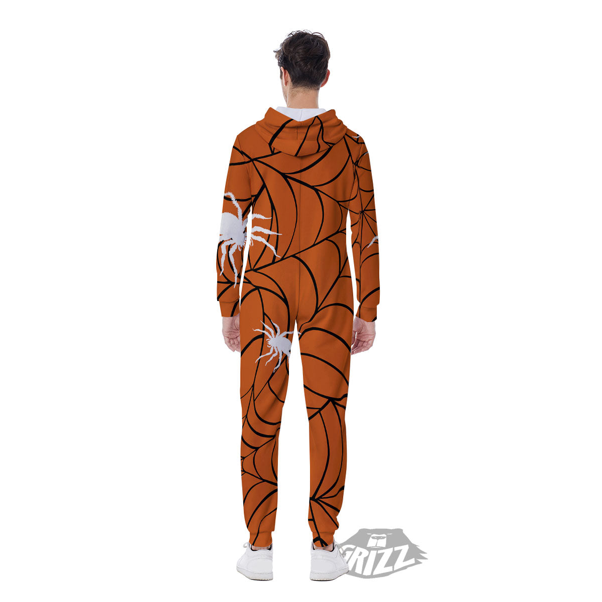 Spider Web Orange And Black Print Men's Jumpsuit-grizzshop
