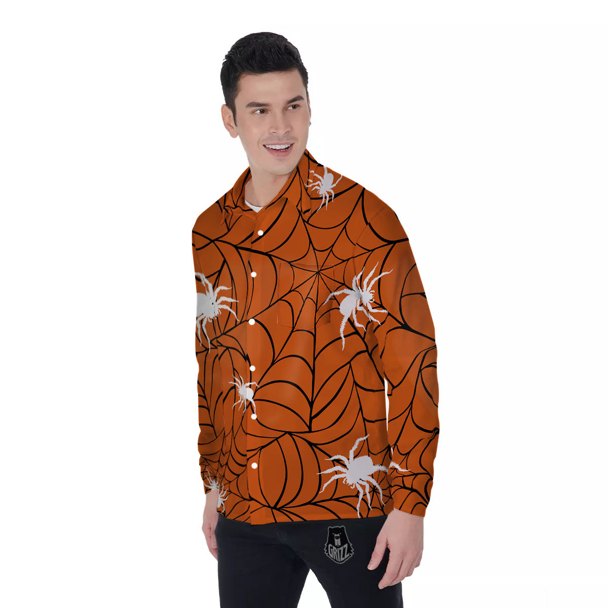Spider Web Orange And Black Print Men's Long Sleeve Shirts-grizzshop