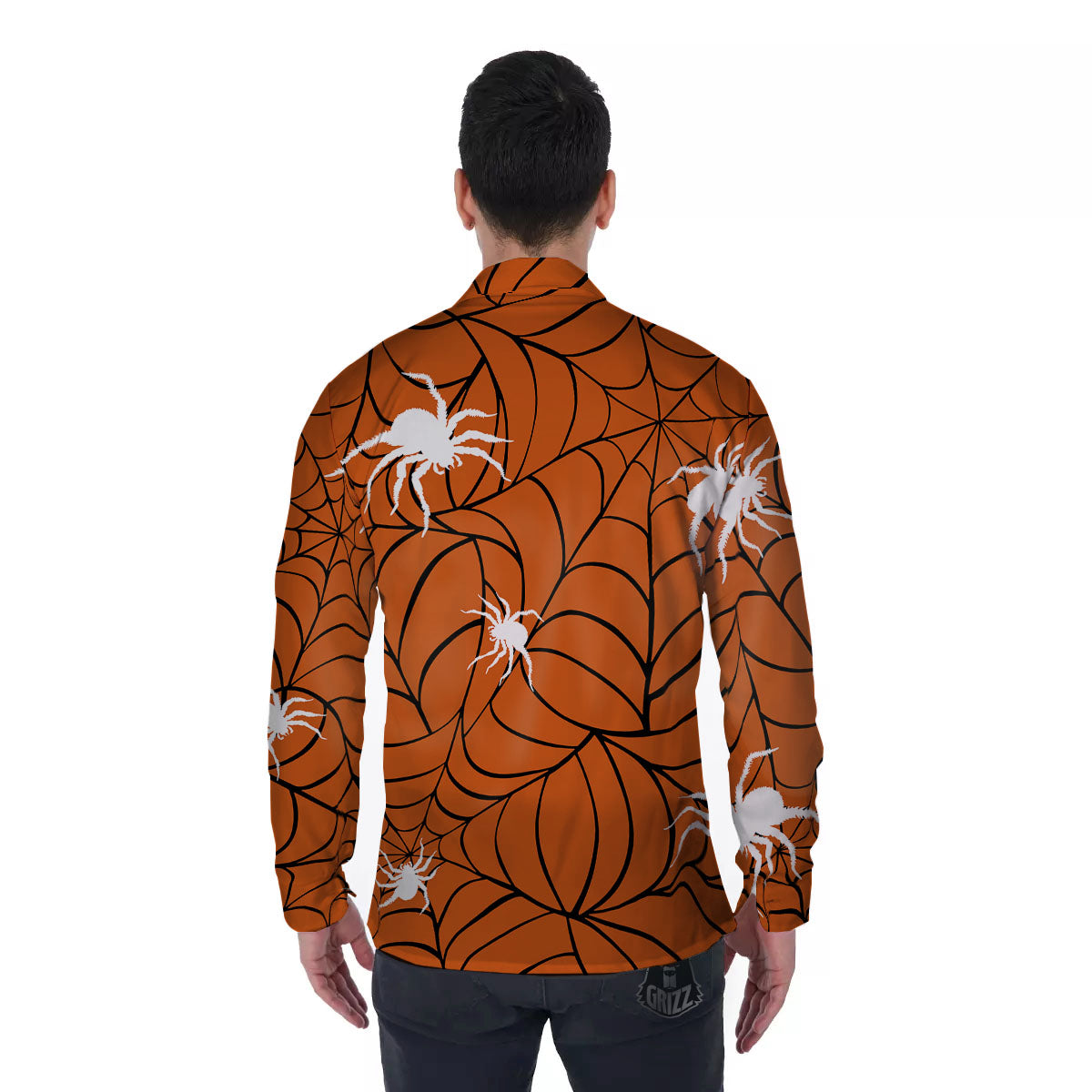 Spider Web Orange And Black Print Men's Long Sleeve Shirts-grizzshop