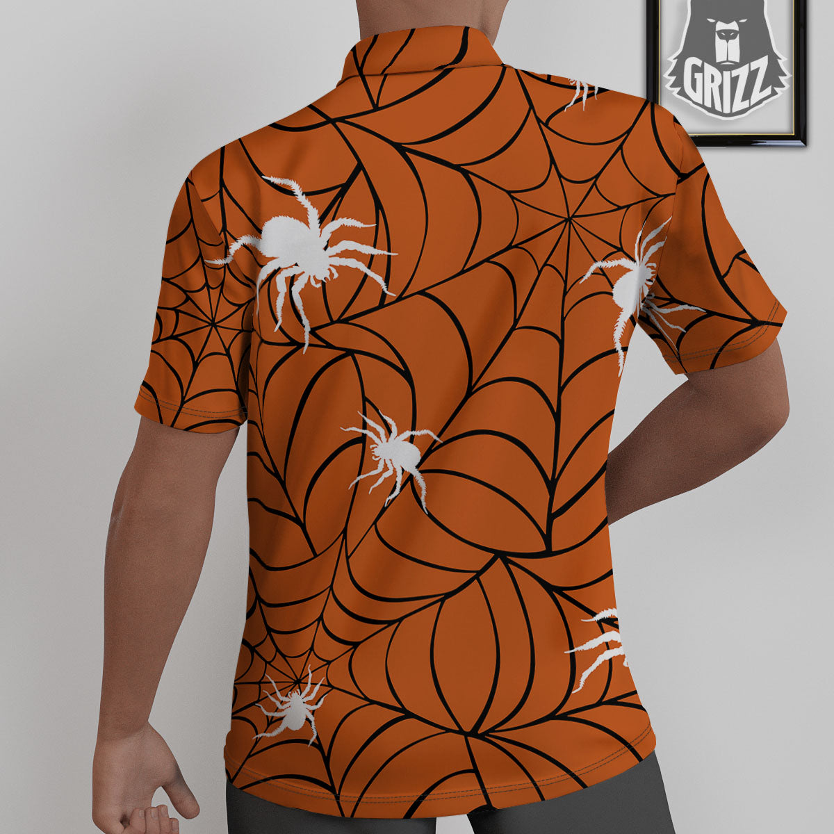 Spider Web Orange And Black Print Untucked Shirts-grizzshop