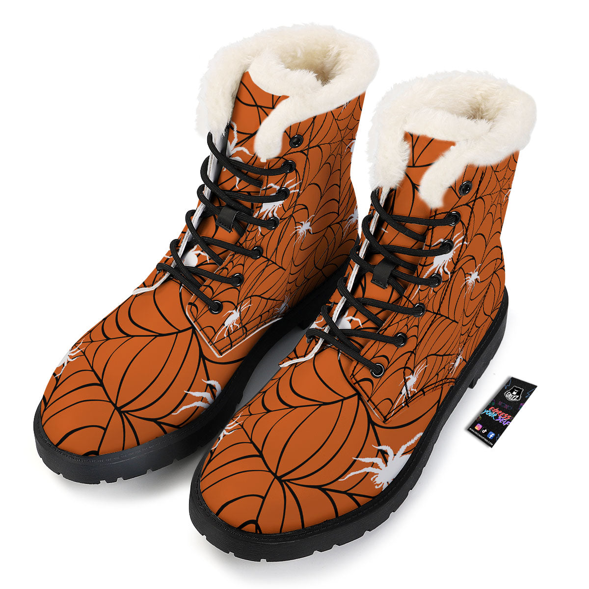 Spider Web Orange And Black Print Winter Boots-grizzshop