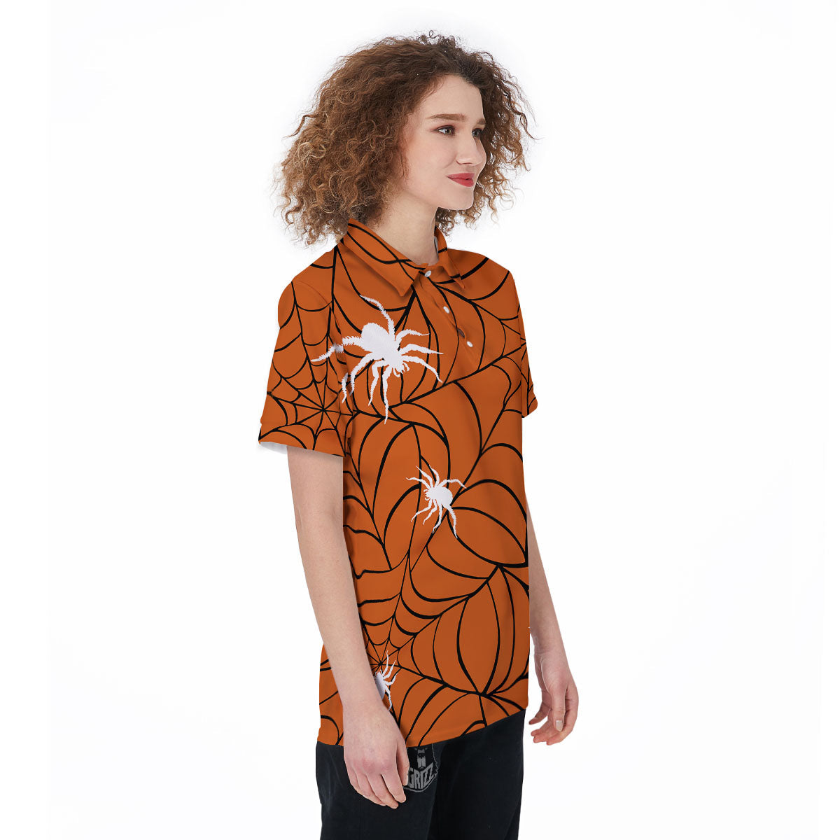 Spider Web Orange And Black Print Women's Golf Shirts-grizzshop