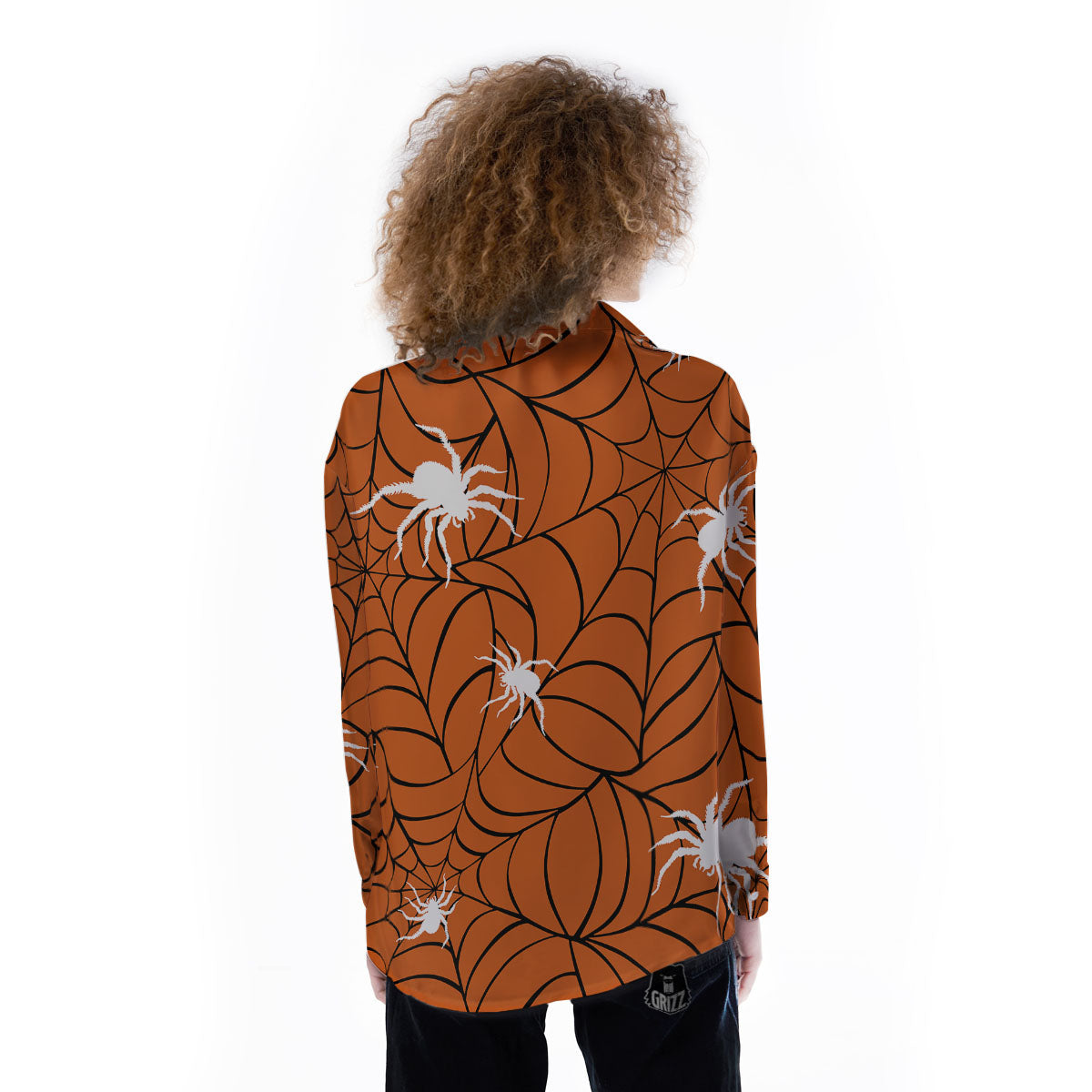 Spider Web Orange And Black Print Women's Long Sleeve Shirts-grizzshop