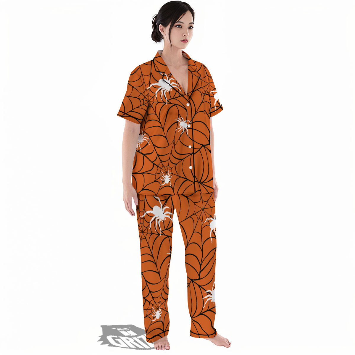 Spider Web Orange And Black Print Women's Pajamas Set-grizzshop