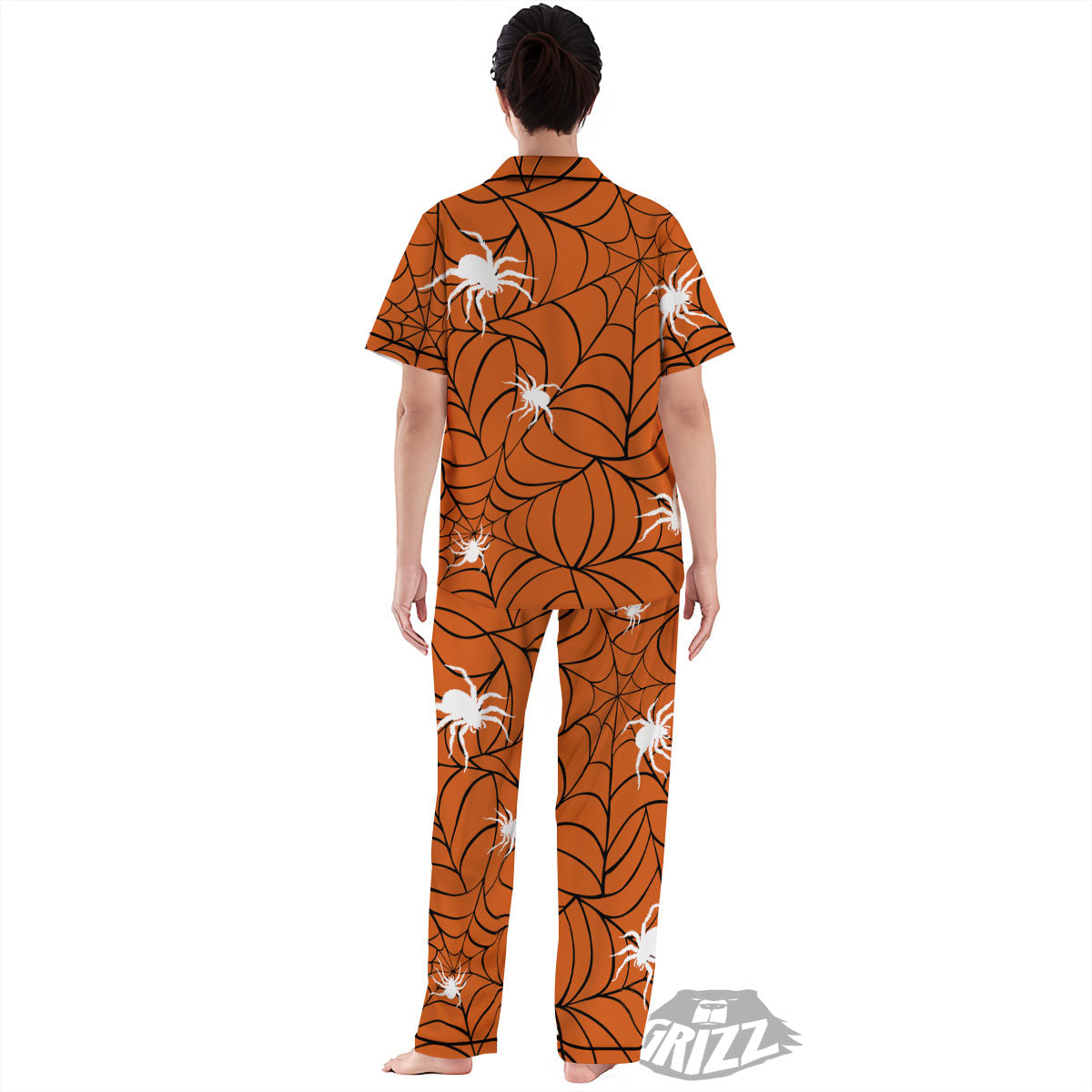 Spider Web Orange And Black Print Women's Pajamas Set-grizzshop